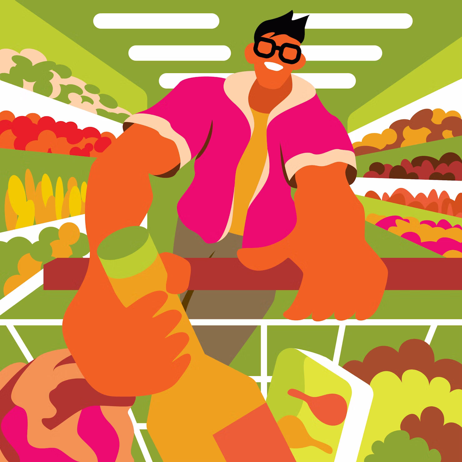 Illustration of someone shopping for groceries, reaching into a cart in a produce aisle
